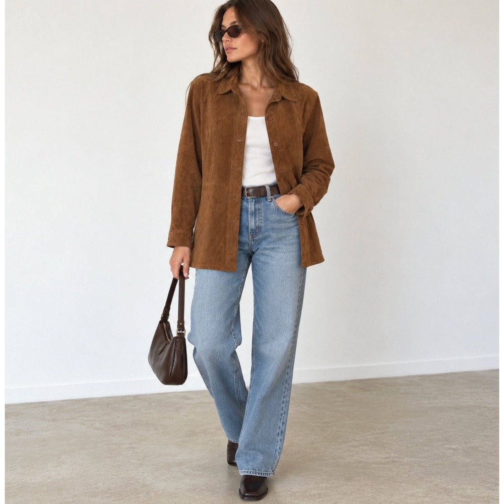 Vintage Y2K Brown Suede Leather Shirt Jacket Medium Brown Clean Girl Minimal